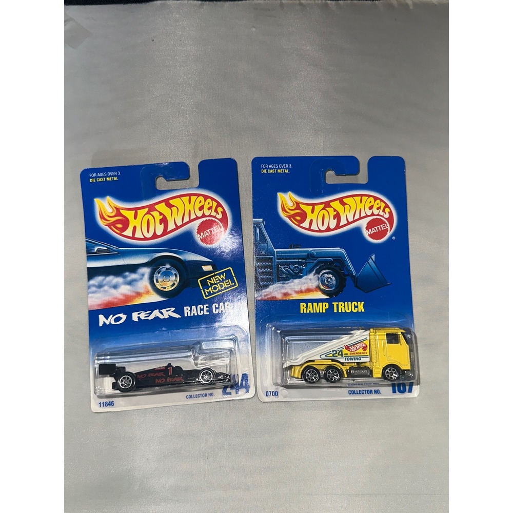 Vintage Hot Wheels No Fear Race Car 244 & Ramp Truck 187 Diecast Lot 1991 Mattel